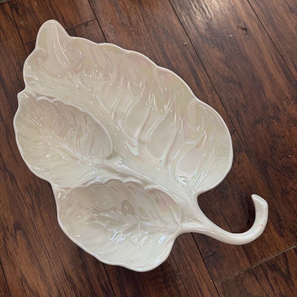 Mid Century Vintage Cal Style Pottery 2224 Large White Lusterware Leaf Dish, C5